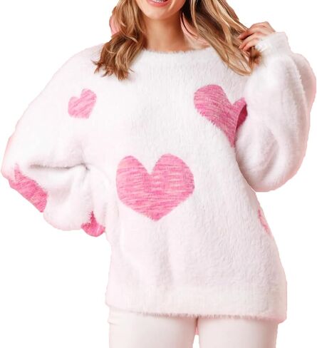 ICNGLKSND Women Long Sleeve Loose Fit Sweater Crewneck Y2K Heart Fuzzy Cropped Shirt Dressy Knitwear Cozy Outwear Pullover in Kuwait