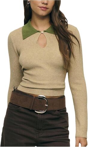 Women's Keyhole Collared Long Sleeve Sweaters Ribbed Knit Elegant Pullover Tops Old Money Clothes in Saudi Arabia