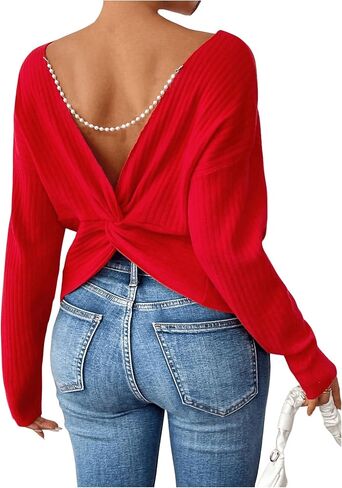 Women's Elegant Twist Back Knit Sweaters with Pearl Chain V Neck Long Sleeve Pullover Sweaters in Saudi Arabia