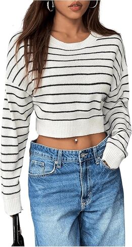 MakeMeChic Women's Striped Long Sleeve Sweater Crew Neck Knitted Going Out Crop Tops in Saudi Arabia