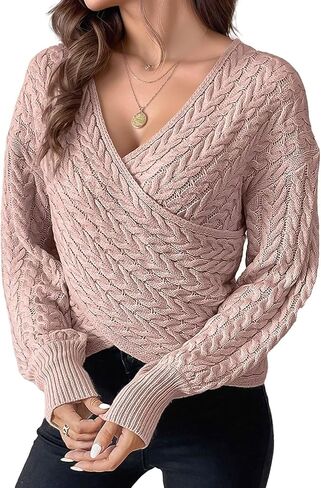 Flamingals Women's Long Sleeve Wrap V Neck Sweater Cropped Slim Fit Solid Cable Knit Sweatshirts in Saudi Arabia