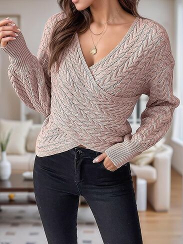 Flamingals Women's Long Sleeve Wrap V Neck Sweater Cropped Slim Fit Solid Cable Knit Sweatshirts in Saudi Arabia