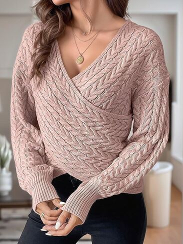 Flamingals Women's Long Sleeve Wrap V Neck Sweater Cropped Slim Fit Solid Cable Knit Sweatshirts in Saudi Arabia
