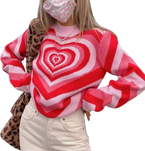 Women Cute Heart Sweater Top Love Heart Printing Valentines Day Knitted Pullover Top Long Sleeve Loose Sweatshirt in Saudi Arabia