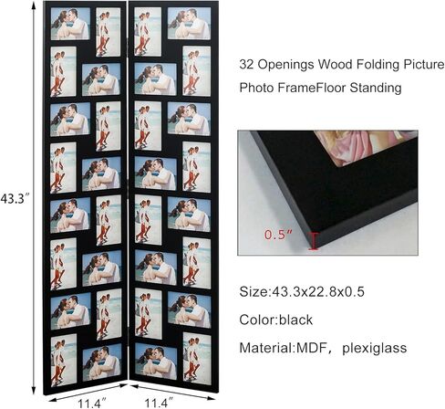 Adeco Black Wood Hinged Folding Screen-Style Collage Picture Photo Frame 32 Openings, 4x6 in Kuwait