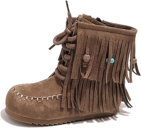 Girls Cowboy Tassel Ankle Boots Fashion Moccasins Comfy Side Zipper Round Toe Lace Up Non Slip Soft Sole Cowgirl Booties in Kuwait