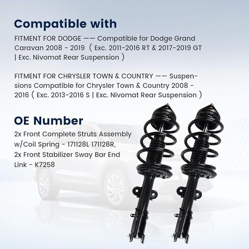 Front Struts Shock Absorbers & Sway Bar Links Suspension Kit for 2008-2016 Chrysler Town & Country (Exc. S), 2008-2019 Dodge Grand Caravan (Exc. RT, GT), Complete Assembly Replace 171128L 171128R in Kuwait