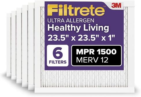 Filtrete 23.5x23.5x1 AC Furnace Air Filter, MERV 12, MPR 1500, CERTIFIED Asthma & Allergy Friendly, 3-Month Pleated 1-Inch Electrostatic Air Cleaning Filter, 6-Pack (Actual Size 23.22x23.22x0.78 in) in Kuwait
