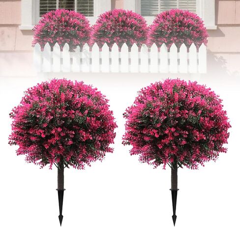 Artificial Rose Boxwood Topiary Ball Bush for Outdoor with Ground Spike, UV Resistant Faux Greenery Shrubs, Fake Plants for Garden, Yard, Porch, Patio Decor 2pcs 25" Outdoor Faux Plants in Saudi Arabia