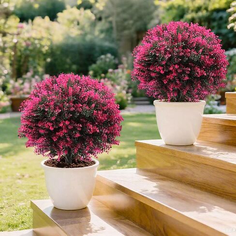 Artificial Rose Boxwood Topiary Ball Bush for Outdoor with Ground Spike, UV Resistant Faux Greenery Shrubs, Fake Plants for Garden, Yard, Porch, Patio Decor 2pcs 25" Outdoor Faux Plants in Saudi Arabia
