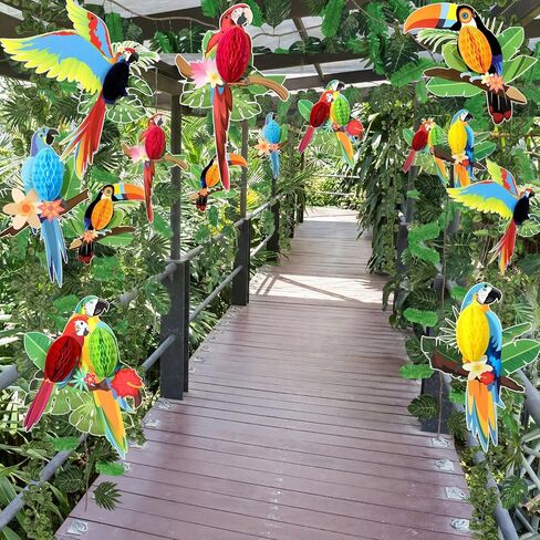 Jungle Party Decorations Rainforest Theme Hanging Tropical Birds Honeycomb Paper Cutouts Artificial Ivy Fake Vines Palm Leaves for Safari Indoor Outdoor Jungle Birthday Party Classroom Decor in Kuwait