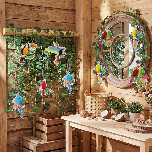 Jungle Party Decorations Rainforest Theme Hanging Tropical Birds Honeycomb Paper Cutouts Artificial Ivy Fake Vines Palm Leaves for Safari Indoor Outdoor Jungle Birthday Party Classroom Decor in Kuwait