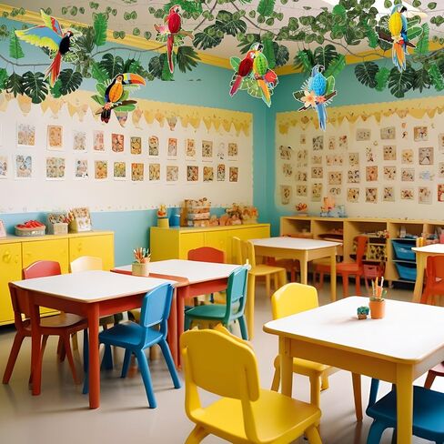 Jungle Party Decorations Rainforest Theme Hanging Tropical Birds Honeycomb Paper Cutouts Artificial Ivy Fake Vines Palm Leaves for Safari Indoor Outdoor Jungle Birthday Party Classroom Decor in Kuwait