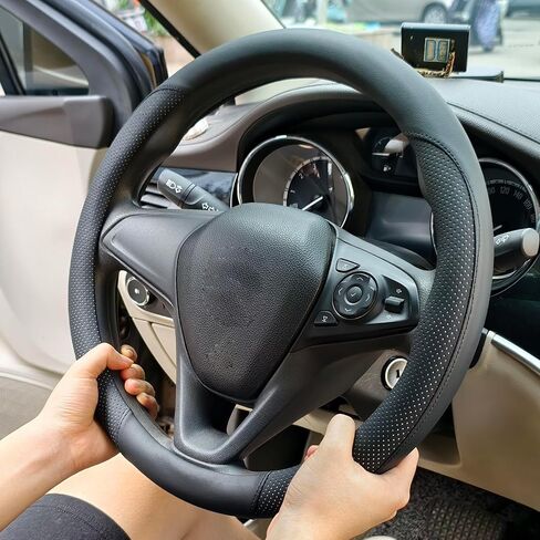 Breathable Perforated Leather Steering Wheel Cover, Universal 15-inch car Steering Wheel Grip, Soft and Comfortable, Breathable and Non-Slip, Suitable for sedans, Vans, SUVs (Black) in Saudi Arabia