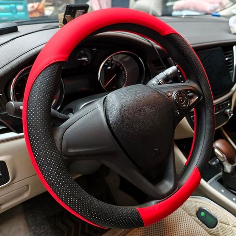 Breathable Perforated Leather Steering Wheel Cover, Universal 15-inch car Steering Wheel Grip, Soft and Comfortable, Breathable and Non-Slip, Suitable for sedans, Vans, SUVs (Black) in Saudi Arabia