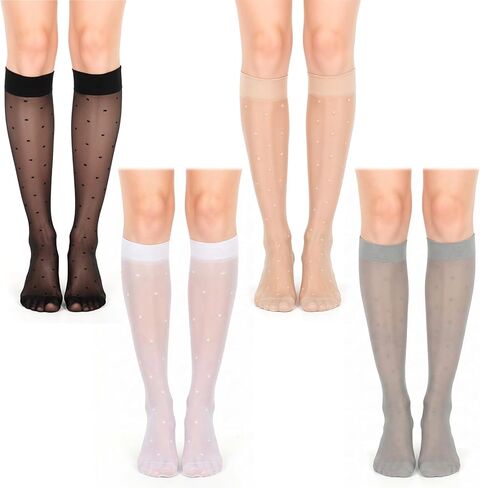 4 Pairs Pattern Knee High Stockings for Women, Dot Sheer Thin Socks, Elegant Design and Stretchy Breathable Knee High Socks for Summer, Party, Various Occasions, Black & White & Gray & Skin Tone in Saudi Arabia