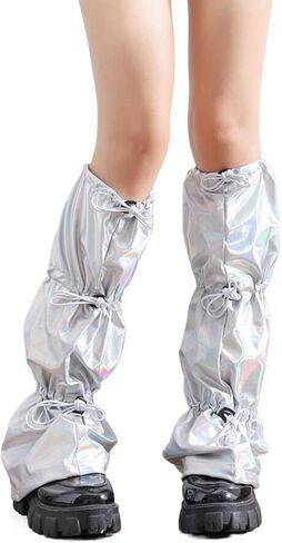 Women Harajuku Punk Holographic Metallic Leg Warmer Ruched Baggy Loose Leg Cover Drawstring Buckle Knee Length Socks in Kuwait