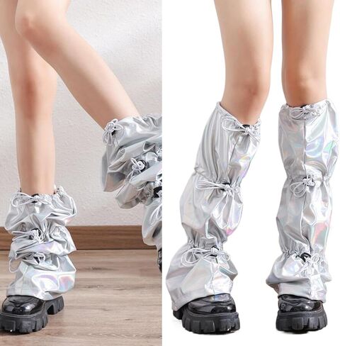 Women Harajuku Punk Holographic Metallic Leg Warmer Ruched Baggy Loose Leg Cover Drawstring Buckle Knee Length Socks in Kuwait