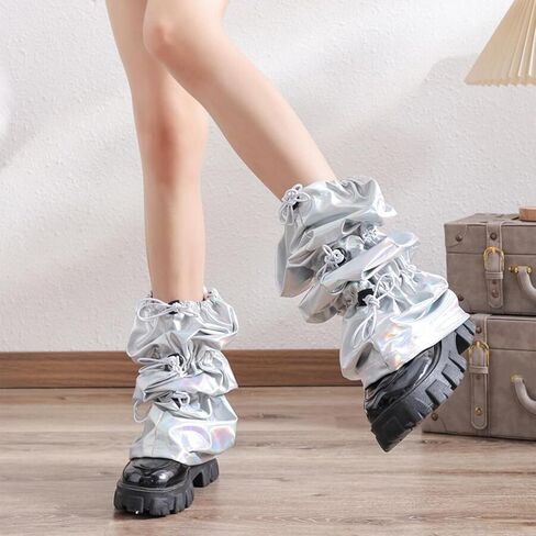 Women Harajuku Punk Holographic Metallic Leg Warmer Ruched Baggy Loose Leg Cover Drawstring Buckle Knee Length Socks in Kuwait
