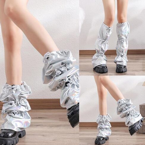 Women Harajuku Punk Holographic Metallic Leg Warmer Ruched Baggy Loose Leg Cover Drawstring Buckle Knee Length Socks in Kuwait