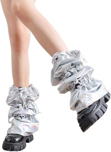 Women Harajuku Punk Holographic Metallic Leg Warmer Ruched Baggy Loose Leg Cover Drawstring Buckle Knee Length Socks in Kuwait
