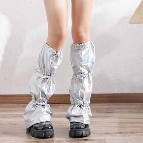 Women Harajuku Punk Holographic Metallic Leg Warmer Ruched Baggy Loose Leg Cover Drawstring Buckle Knee Length Socks in Kuwait
