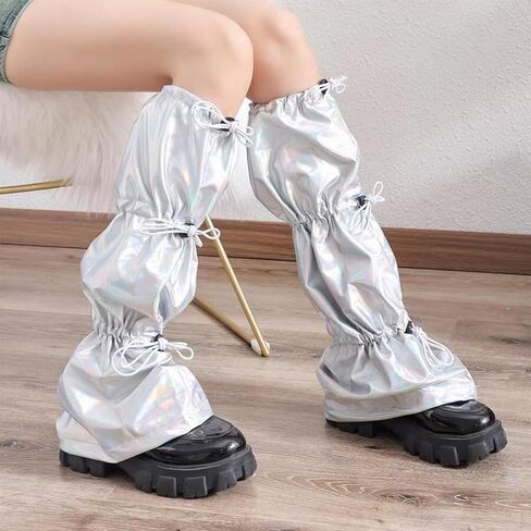 Women Harajuku Punk Holographic Metallic Leg Warmer Ruched Baggy Loose Leg Cover Drawstring Buckle Knee Length Socks in Kuwait