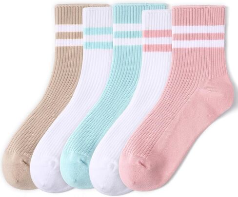 CS CELERSPORT Womens Striped Crew Socks, Cotton Breathable Cozy Casual Quarter Ankle Socks 5 Pairs in Kuwait