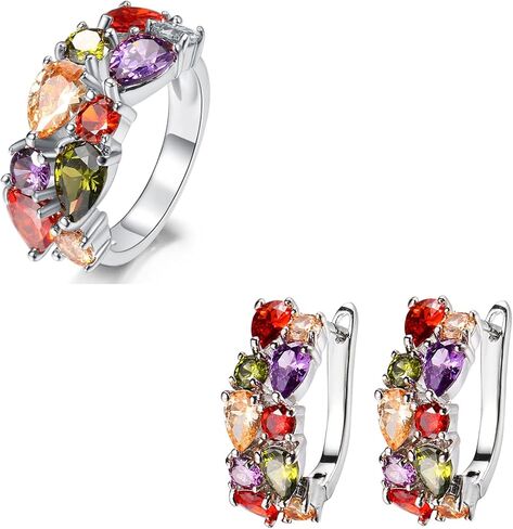 Gemstone Women's Rings + Hoop Earrings Jewelry Set in Kuwait