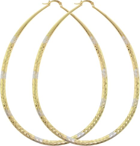 Women's Two Tone 14K Gold Filled Big Tear Drop Hoop Earrings Medium Large Extra Large Oversize 40-70mm Diamond Cut Oval Shaped Lightweight Hollow Hoop Earrings in Kuwait