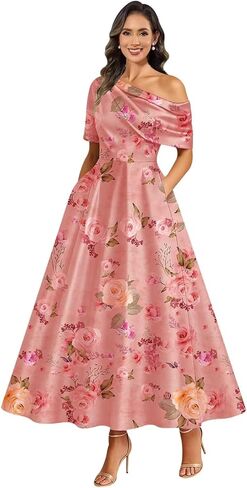 One Shoulder Satin Mother of The Bride Dresses for Women Wedding Tea Length Long Formal Evening Gowns with Pockets in Kuwait