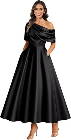 One Shoulder Satin Mother of The Bride Dresses for Women Wedding Tea Length Long Formal Evening Gowns with Pockets in Saudi Arabia