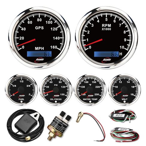 6 Gauge Marine Instrument Set 7 Color Black 3-3/8" 85mm GPS Speedometer 160 MPH ODOMETER Tachometer 10000 RPM 2-1/16" 52mm 240 Fuel Gauge 240-33 ohm Oil Pressure Water Temp Volt 12V 24V Truck in Kuwait