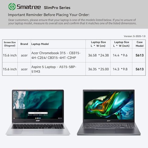 حافظة كمبيوتر محمول Smatree SlimPro لجهاز Acer Chromebook 315 مقاس 15.6 بوصة - CB315-4H-C2E4/CB315-4HT-C2HP، لجهاز كمبيوتر محمول Acer Aspire 5 مقاس 15.6 بوصة - A515-58P-51M3، حافظة مع جيب ملحق (S613) in Saudi Arabia
