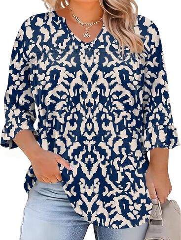 TFSDOD Plus Size Tops for Women V Neck 3/4 Sleeve Pleated Blouses Dressy Casual Fashion Tunic Top (1X-5X) in Kuwait