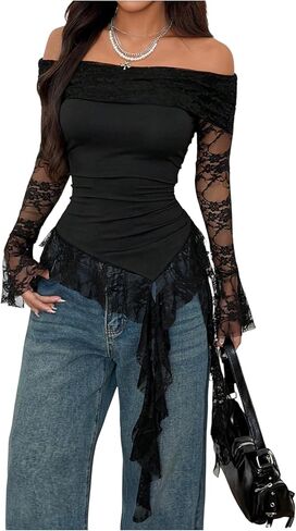 OYOANGLE Women's Off Shoulder Mesh T Shirt Y2K Long Sleeve Asymmetrical Hem Ruched Crop Top in Saudi Arabia