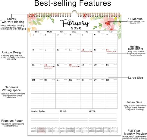 2026 Wall Calendar Extra Large 22"x17", Wall Calendar 2026-2027 from January 2026 to June 2027, Hanging 18 Month 2026-2027 Calendars Wall with Twin-Wire Binding for Home Office Planning Organisers in Saudi Arabia