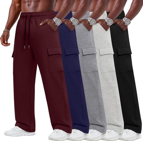 5 Pack Big and Tall Cargo Sweatpants for Men Baggy Wide Straight Leg Open Bottom Drawstring Pants with Pockets in Kuwait