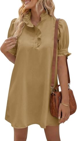 فستان نسائي صيفي قصير الأكمام من Wenrine، فستان كاجوال مكشكش ورقبة على شكل حرف V نصف زر فضفاض مع جيوب in Kuwait