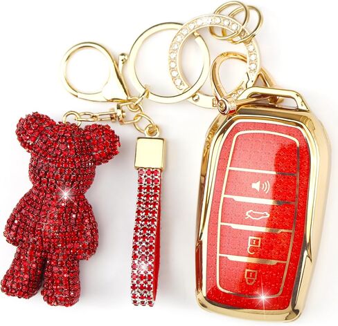 Cute Key Fob Cover with Rhinestone Bear Charm, Bling TPU Smart Key Case for Women, Compatible with Toyota Hilux Corolla Land Cruiser Venza RAV4 prime Sienna Fortuner (4-Button, Gold White) in Kuwait