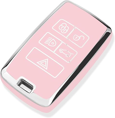 FUNTOR لمفتاح Land Rover Key Fob، مادة TPU الناعمة المتوافقة مع غطاء مفتاح سيارة Range Rover Evoque 2018-2026/Discovery Sport/Jaguar E-PACE سلسلة مفاتيح 5 أزرار ملحقات مفتاح Fob (وردي، حدود فضية) in Kuwait