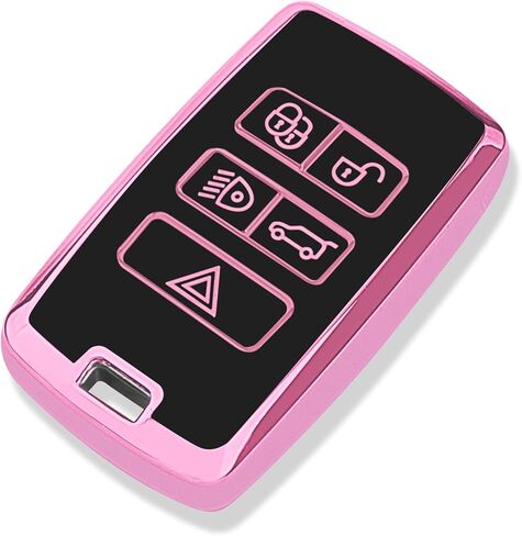 FUNTOR لمفتاح Land Rover Key Fob، مادة TPU الناعمة المتوافقة مع غطاء مفتاح سيارة Range Rover Evoque 2018-2026/Discovery Sport/Jaguar E-PACE سلسلة مفاتيح 5 أزرار ملحقات مفتاح Fob (وردي، حدود فضية) in Kuwait
