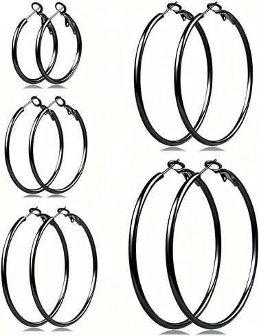 5 Pairs Gold Silver Hoop Earrings for Women Black Goth Gold Plated Thin Hoop Earrings Stainless Steel Lightweight Hypoallergenic Earring 30/40/50/60/70mm in Saudi Arabia