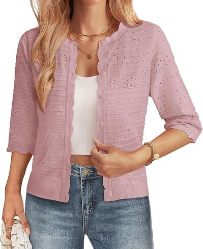 GRACE KARIN 3/4 Short Sleeve Cardigan Sweater for Women Lightweight Cropped Crochet Cardigan Dressy Fall Fashion 2024 in Saudi Arabia