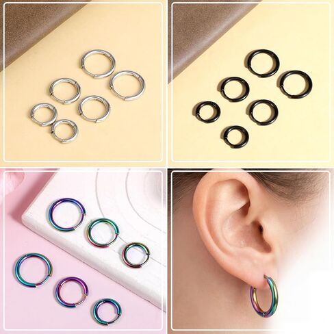 9 Pairs Stainless Steel Hoop Earrings, 8mm 10mm 12mm Steel Hoop Earrings 3 Colors Thin Hoops Earring Men Women for Helix Lobes Cartilage Multiple Piercing Decor in Saudi Arabia