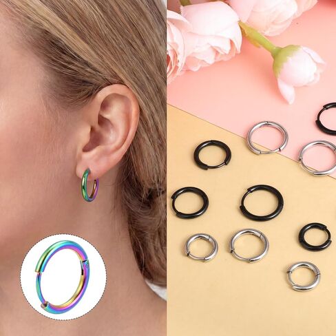 9 Pairs Stainless Steel Hoop Earrings, 8mm 10mm 12mm Steel Hoop Earrings 3 Colors Thin Hoops Earring Men Women for Helix Lobes Cartilage Multiple Piercing Decor in Saudi Arabia