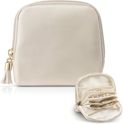 حقيبة مجوهرات سفر صغيرة مثالية على شكل بجعة، هدايا عيد الحب للنساء، حقائب مجوهرات محمولة ذات سعة كبيرة مع سحاب، حقيبة تخزين لتنظيم المجوهرات باللون البيج المخملي لحلقات السوار in Kuwait