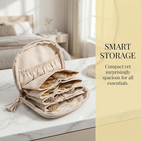 حقيبة مجوهرات سفر صغيرة مثالية على شكل بجعة، هدايا عيد الحب للنساء، حقائب مجوهرات محمولة ذات سعة كبيرة مع سحاب، حقيبة تخزين لتنظيم المجوهرات باللون البيج المخملي لحلقات السوار in Kuwait