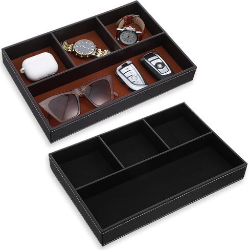 2 علبة من الجلد للرجال - منظم منضدة ومنضدة من جلد البولي يوريثان الفاخر، صينية تخزين قابلة للتكديس للمفاتيح، المحفظة، الساعة، الهاتف، المجوهرات باللون الأسود والبني in Kuwait