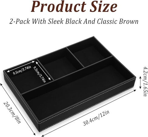 2 علبة من الجلد للرجال - منظم منضدة ومنضدة من جلد البولي يوريثان الفاخر، صينية تخزين قابلة للتكديس للمفاتيح، المحفظة، الساعة، الهاتف، المجوهرات باللون الأسود والبني in Kuwait